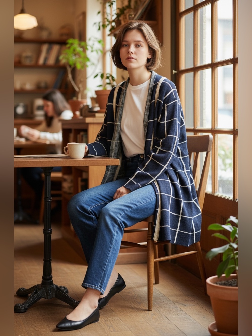 ModCloth Simply Snuggly Navy Blue Windowpane Cardigan